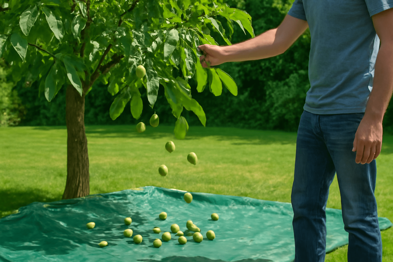 "Person harvesting walnuts by shaking the tree and collecting them on a tarp."