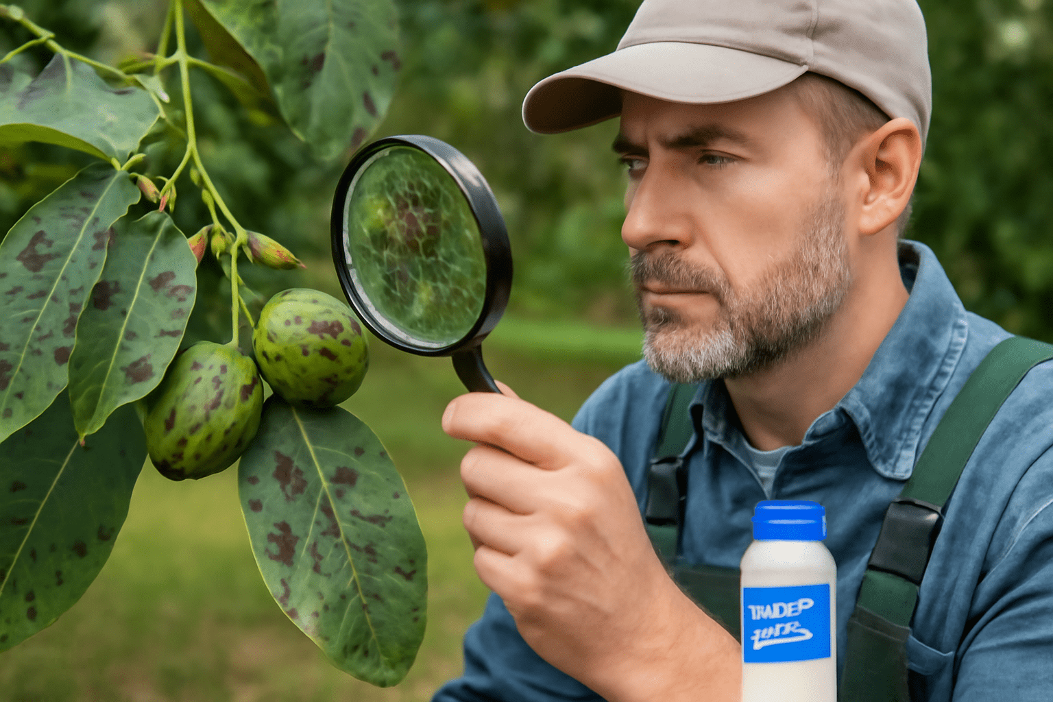 "Chandler walnut tree with walnut blight and aphids, gardener inspecting with fungicide, showing problem solutions."