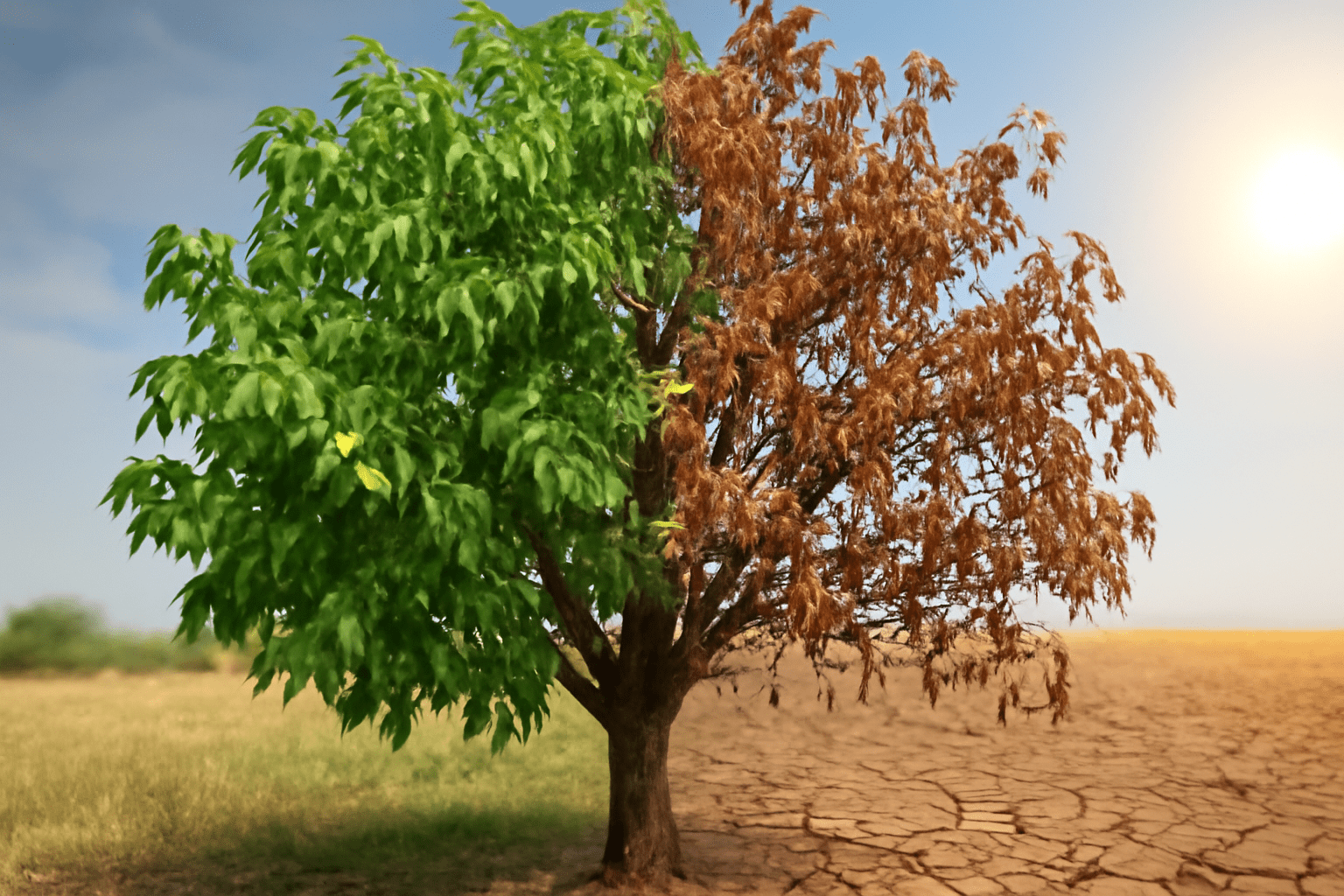 "Walnut tree stressed by drought, frost, and heat affecting production"