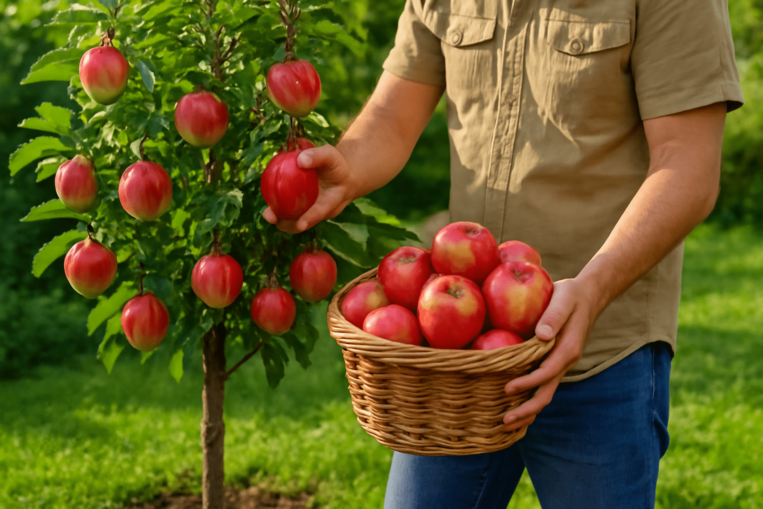 "Person harvesting ripe apples from a dwarf apple tree, showcasing the joy of homegrown fruit."