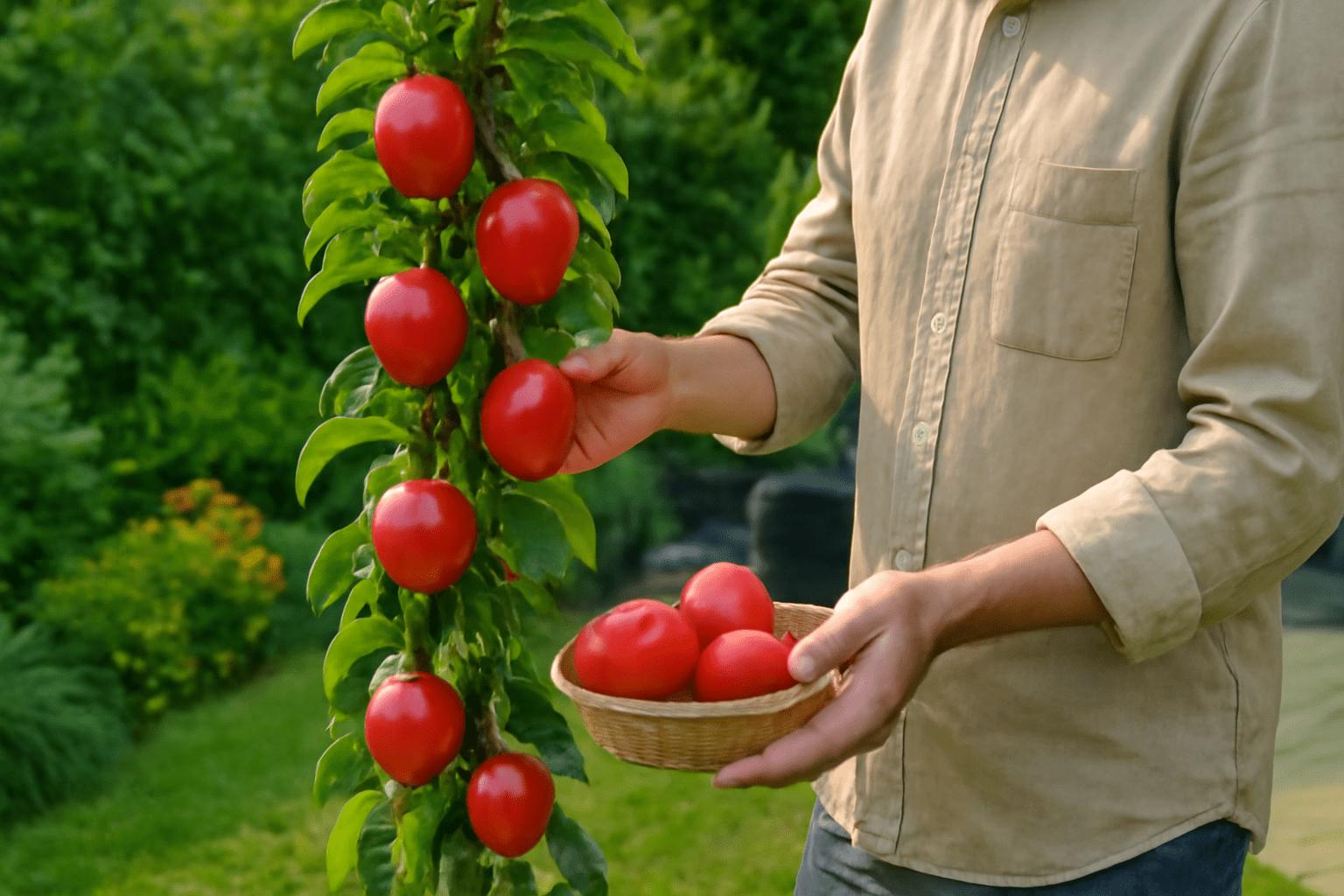 "Person harvesting ripe apples from a columnar apple tree in a small garden, illustrating easy harvesting."