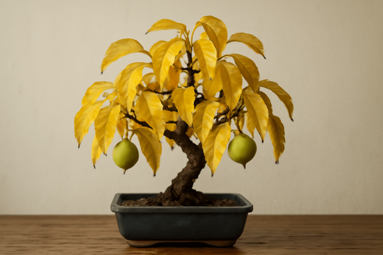 "Bonsai apple tree with yellowing leaves, signaling overwatering or nutrient issues."