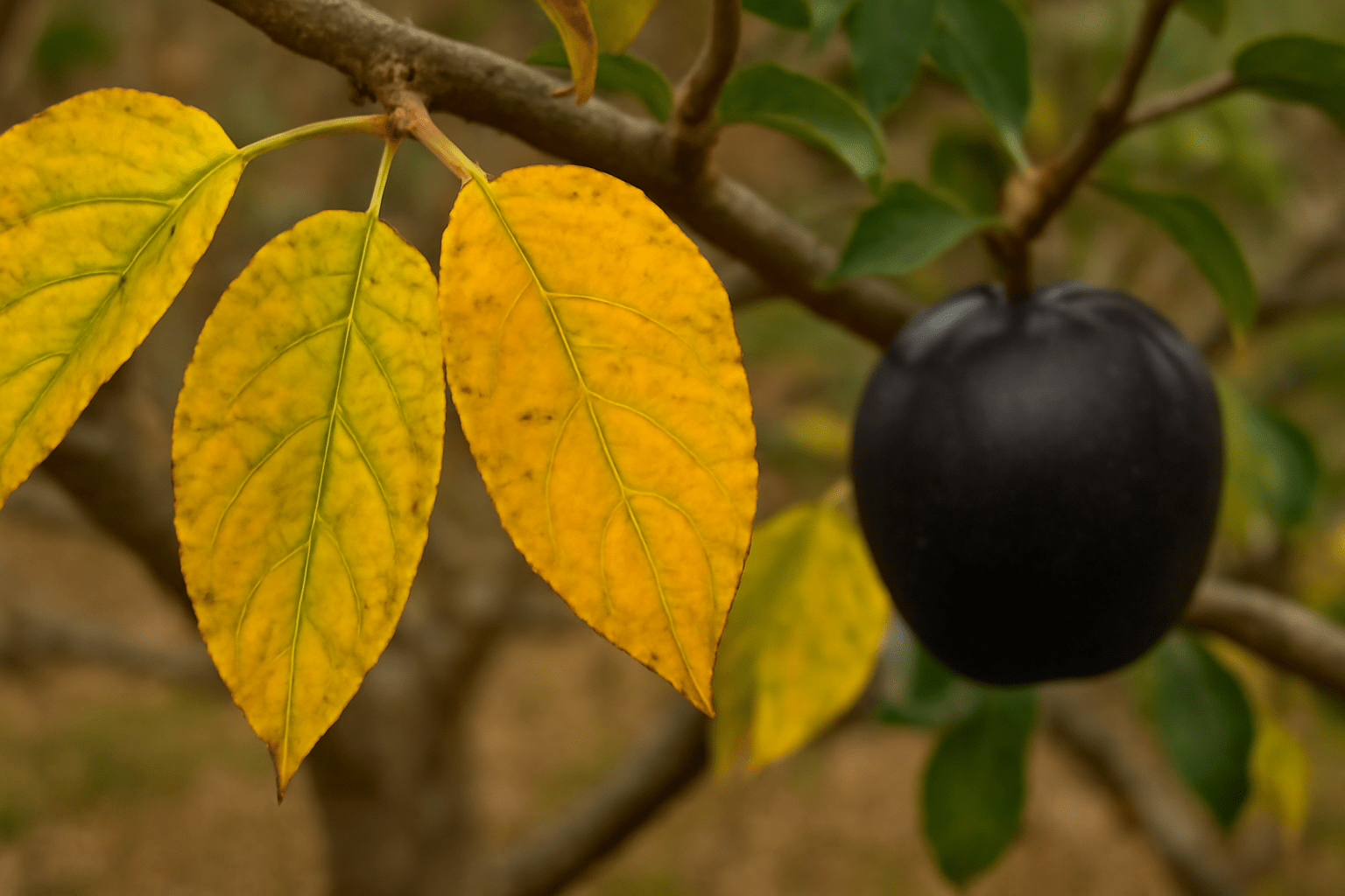 "Yellowing leaves on an Arkansas Black apple tree, indicating potential issues like overwatering or nutrient deficiencies."