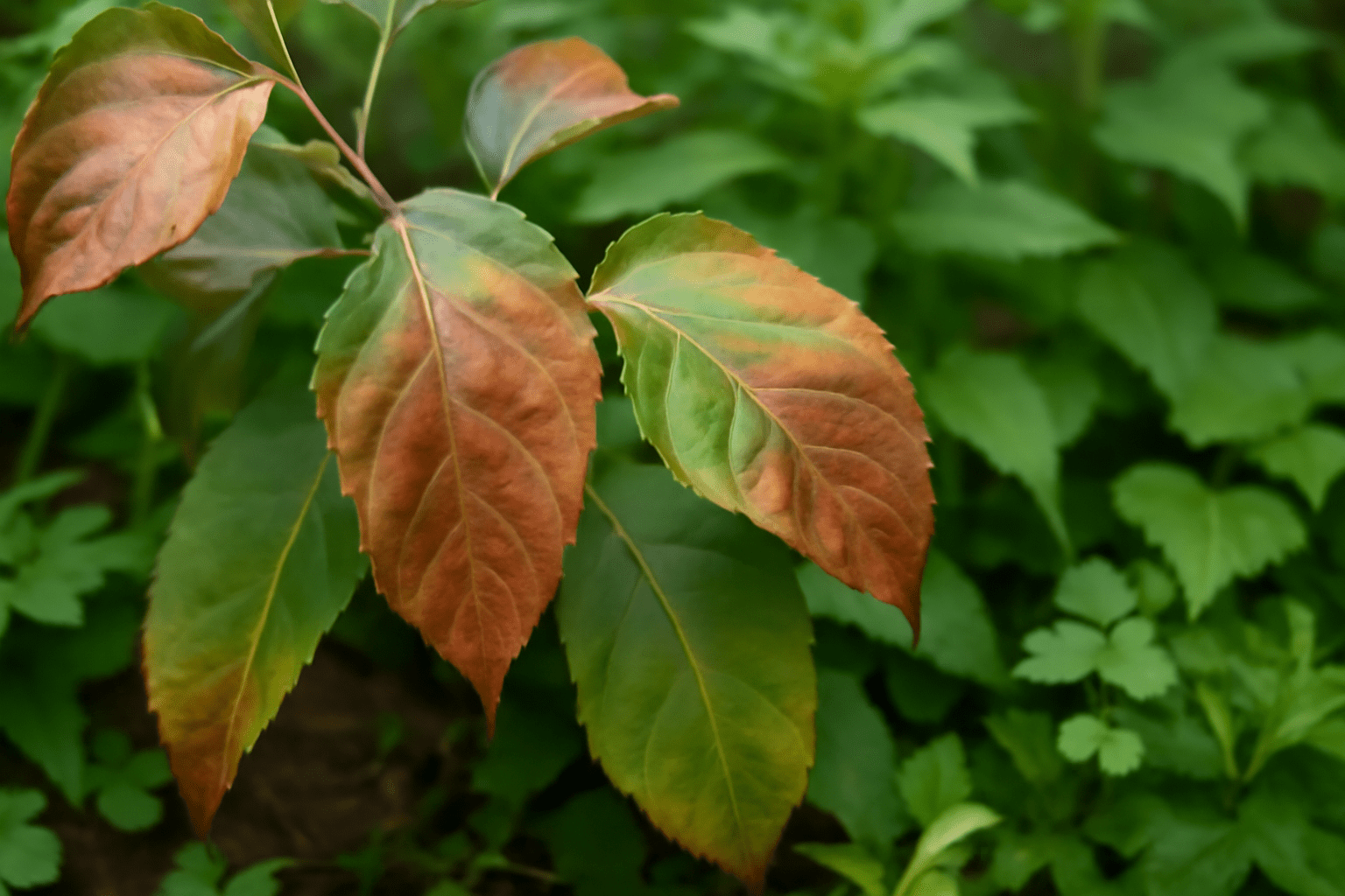 "Over-applied apple tree spray causing leaf damage and harm to surrounding plants."