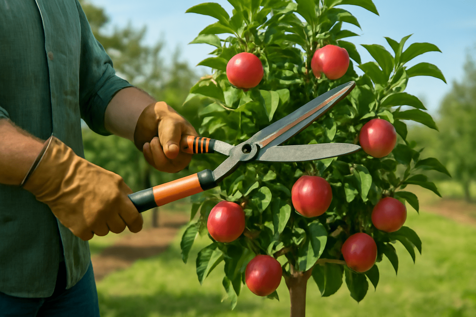 "Gardener shaping an apple tree with hedge shears for a balanced and aesthetic appearance."