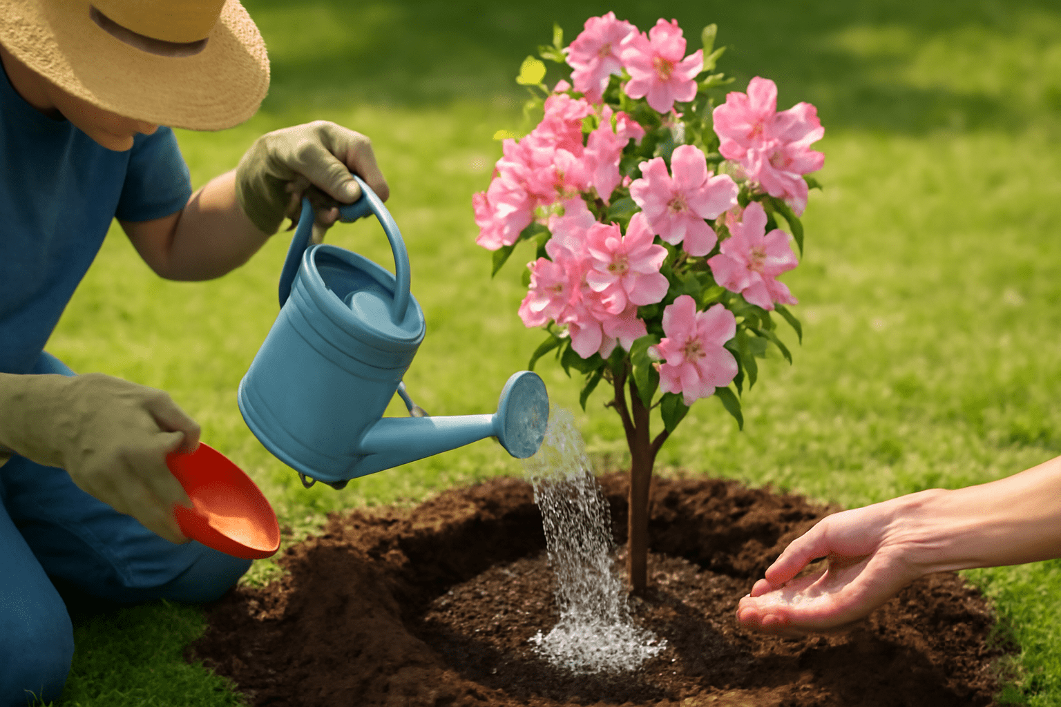 "Gardener watering and fertilizing a flowering apple tree for healthy growth."