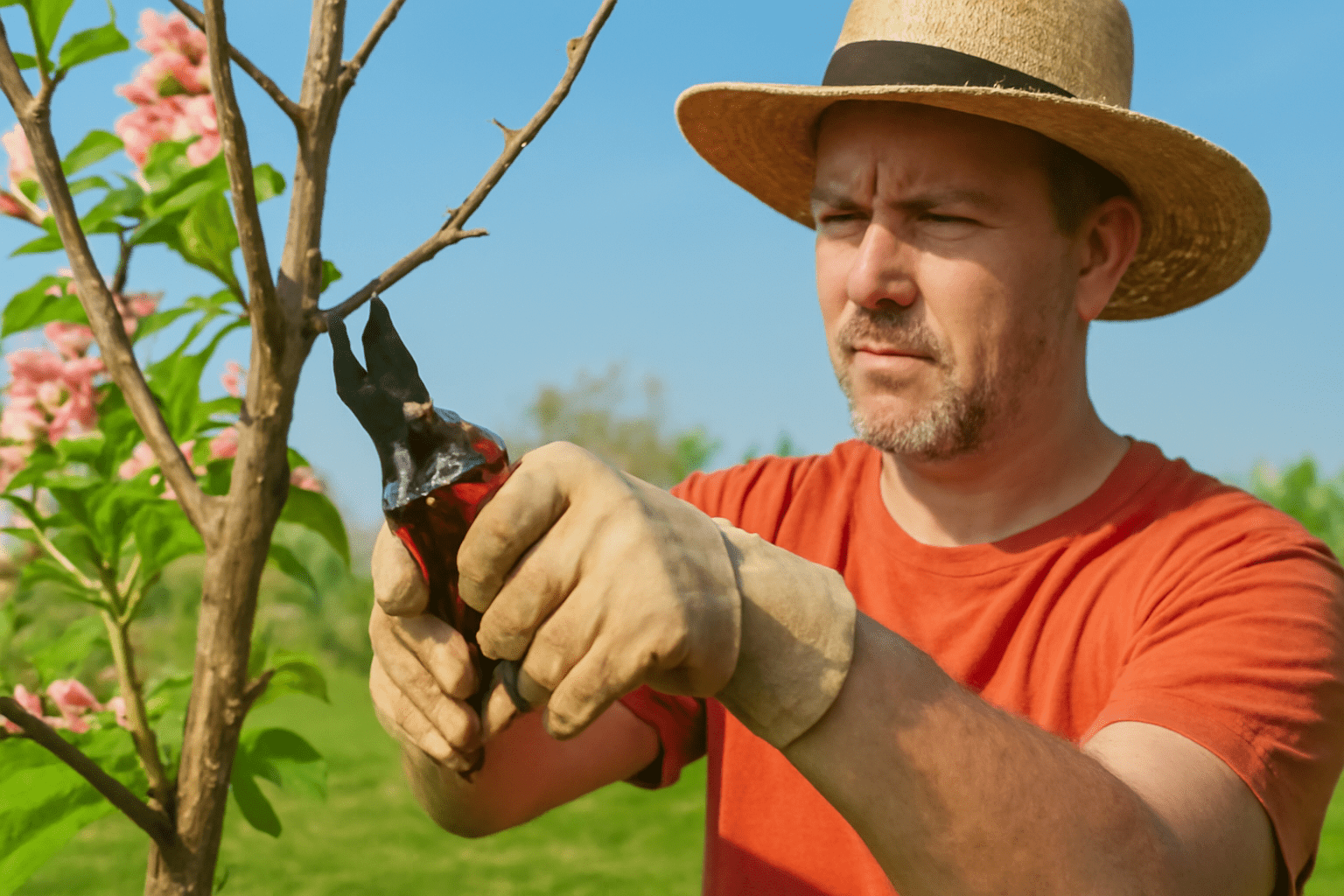 "Gardener pruning paradise apple tree branches to maintain tree health and promote fruiting."