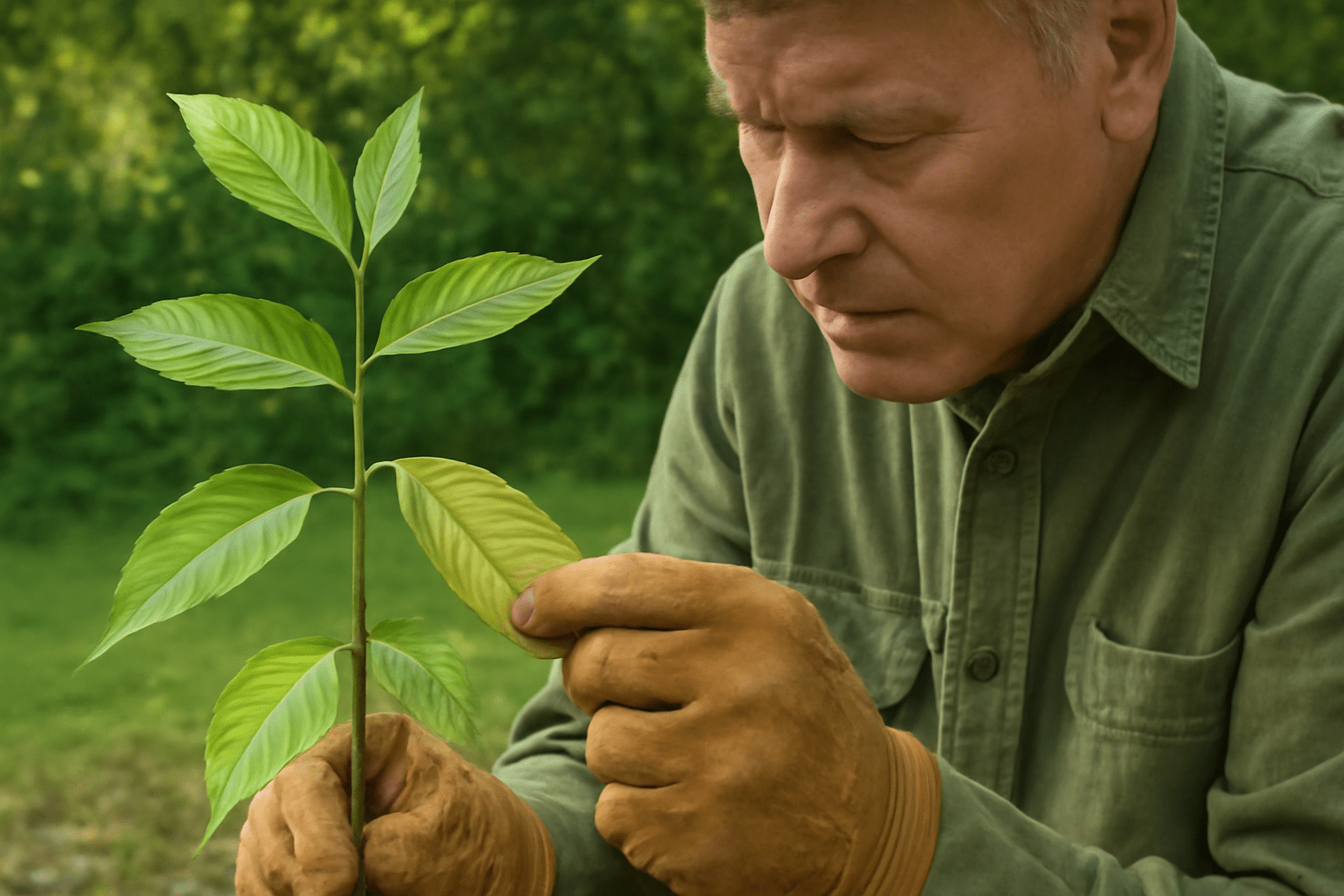 "A gardener examining a hickory seedling for signs of pests or yellowing leaves to troubleshoot issues."