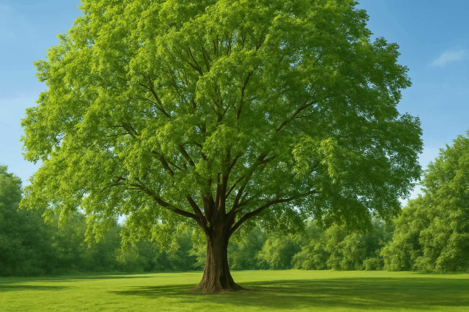 “Mature hickory tree with lush foliage, healthy branches, and vibrant green leaves.”
