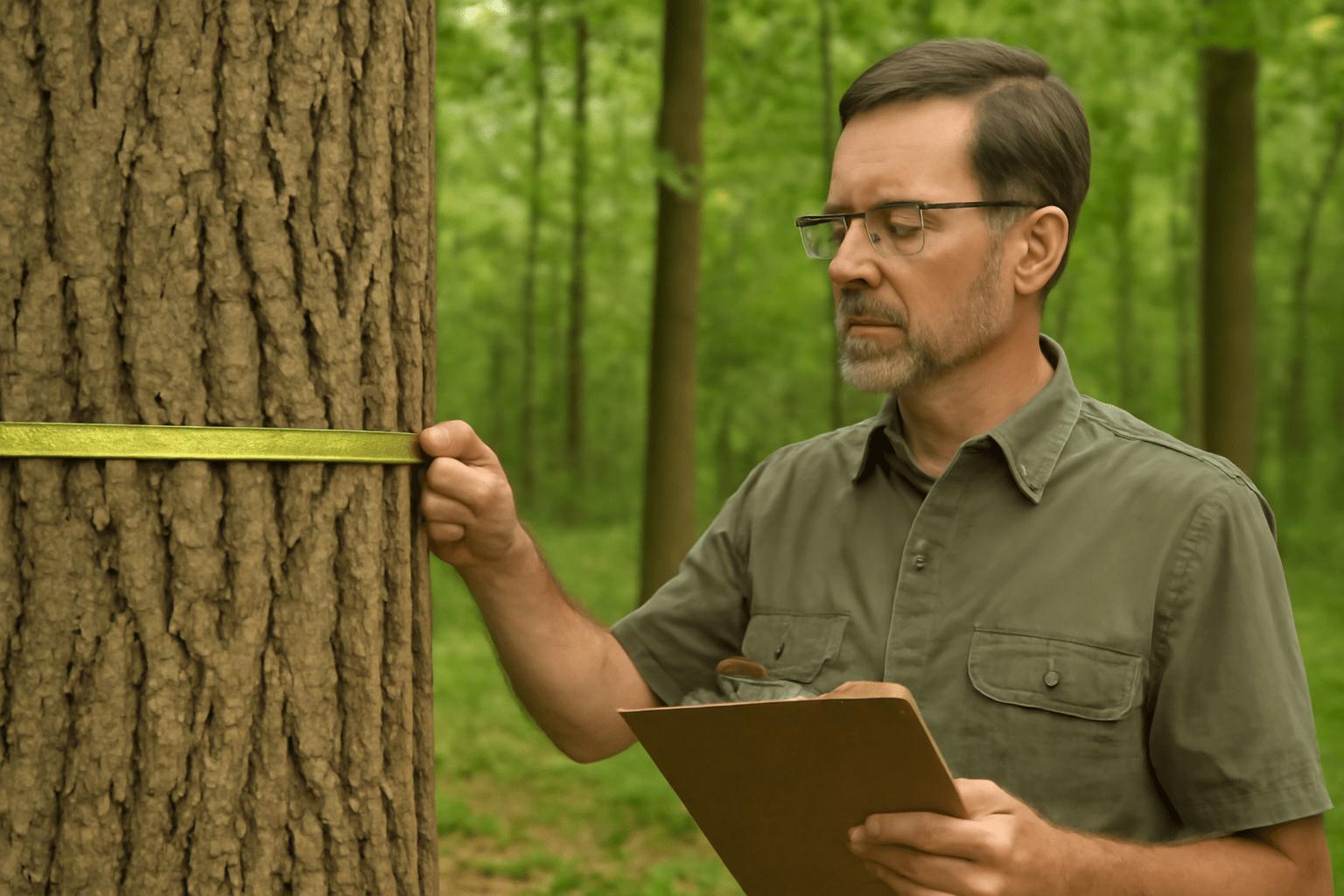 "Forestry expert measuring the diameter of a mature hickory tree to assess its value."