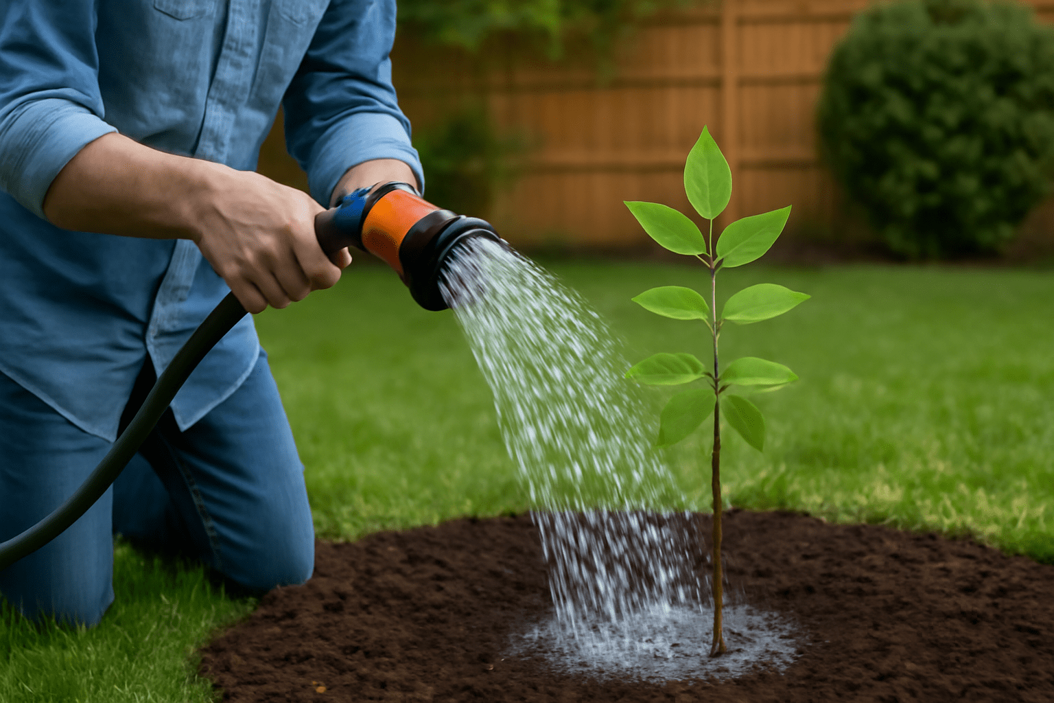 "A gardener watering a young hickory tree with a hose, ensuring deep watering to promote root growth."