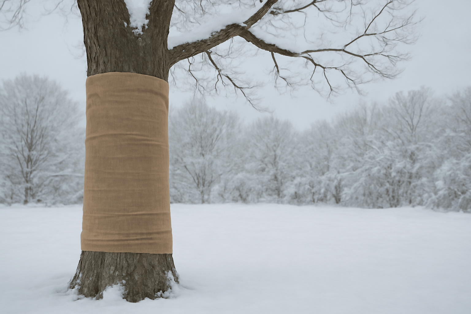 "Hickory tree wrapped in burlap for protection from wildlife damage."