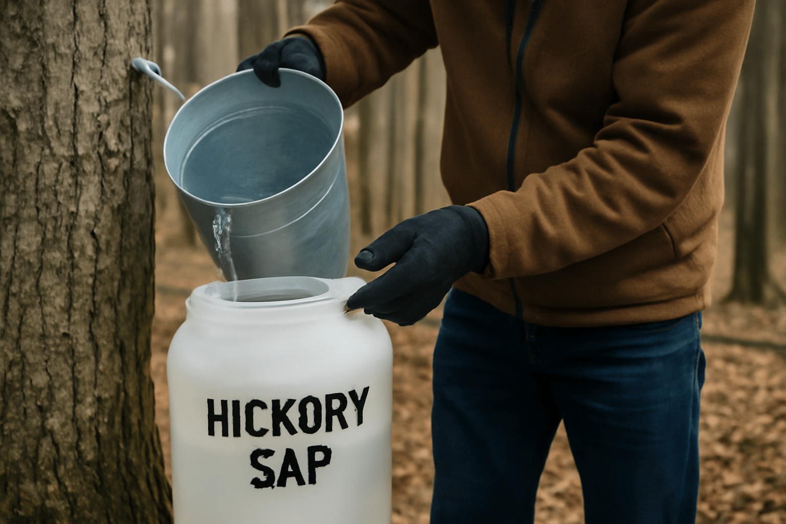 "Collecting hickory sap into a large container in a forest."