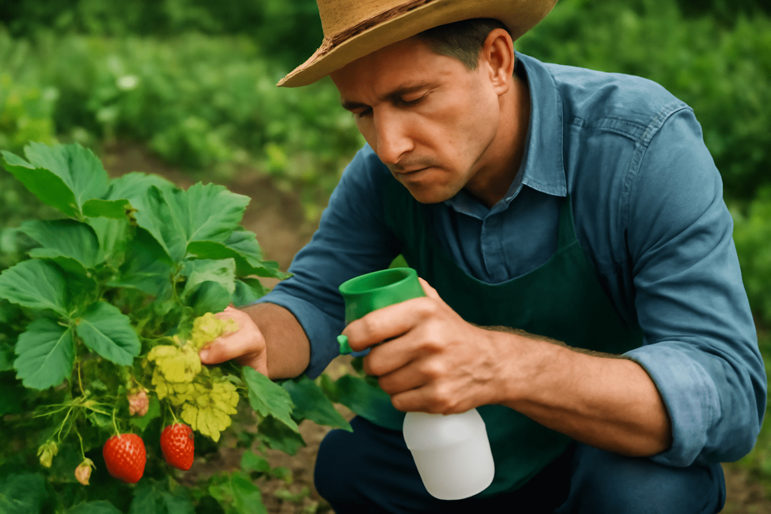 Man in a straw hat and green apron examines strawberry plant while spraying it. The setting is a lush green field, conveying focus and care.