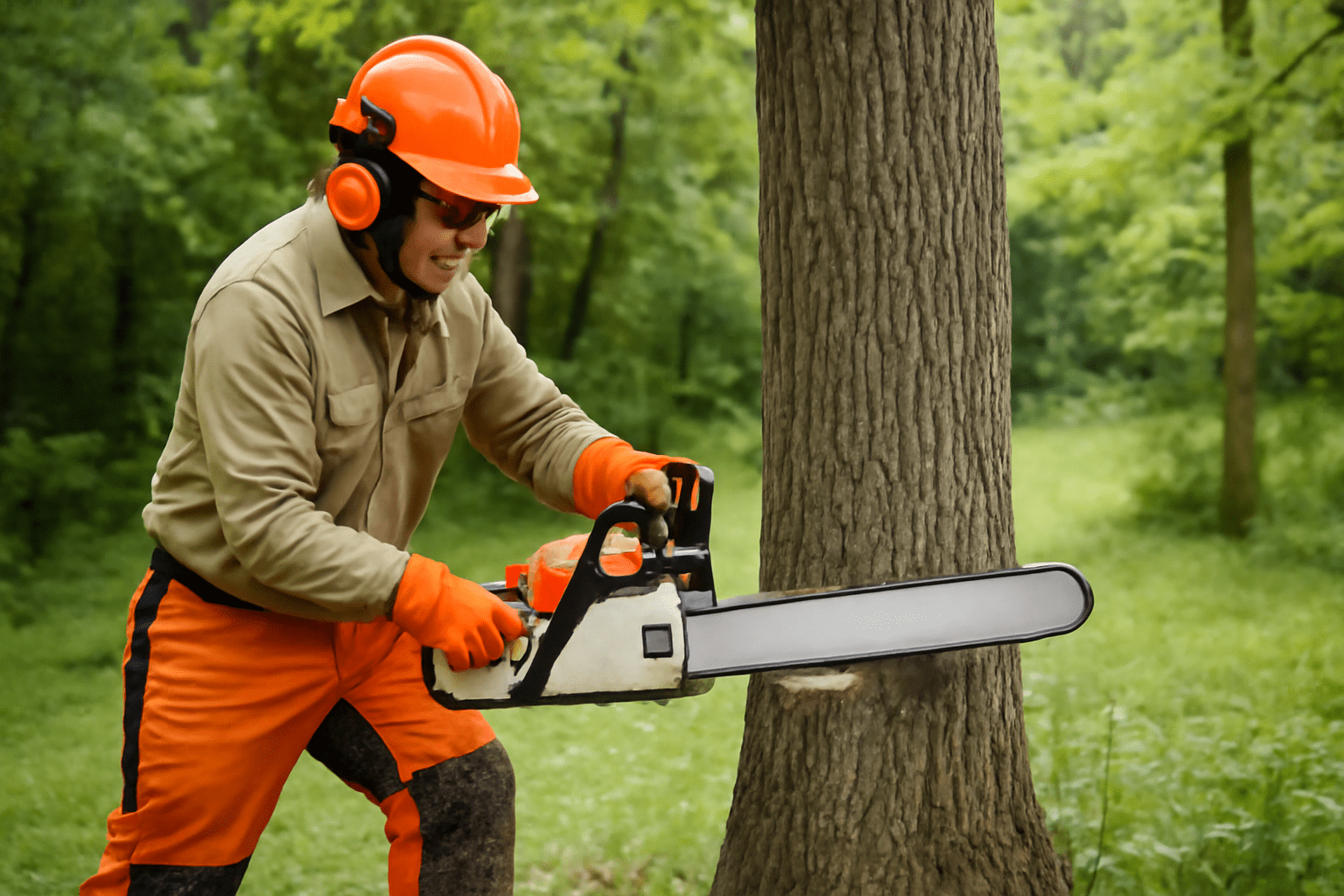 "Person wearing full protective gear cutting a hickory tree with a chainsaw."