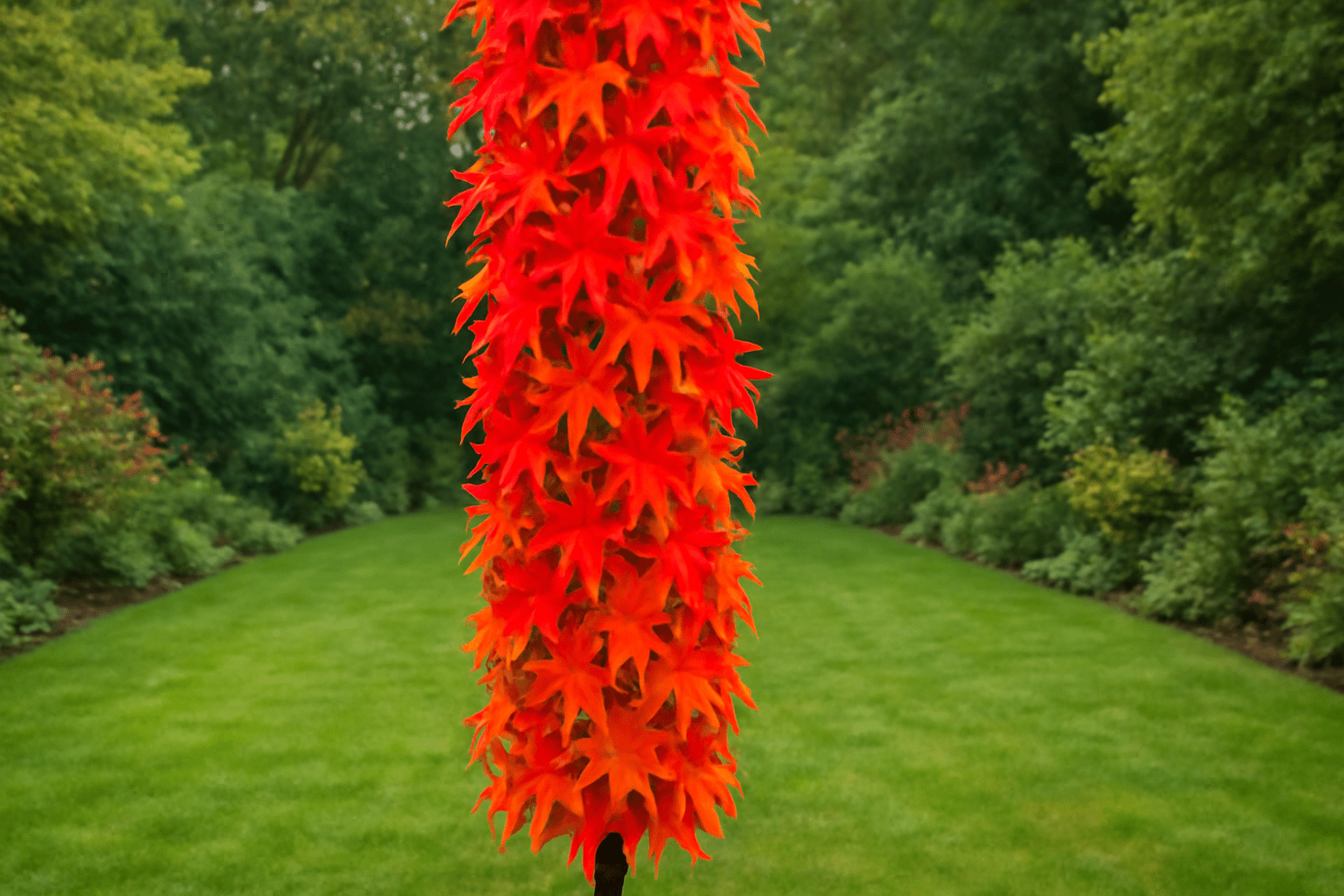 "Liquidambar Slender Silhouette Sweetgum Tree with vibrant fall foliage in red, orange, and yellow."