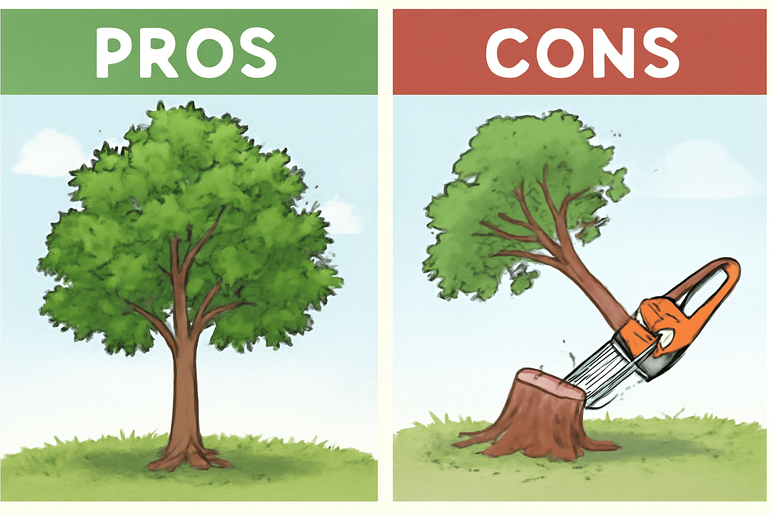 "Pros and Cons" comparison image showing the benefits and drawbacks of keeping or removing a sweetgum tree.