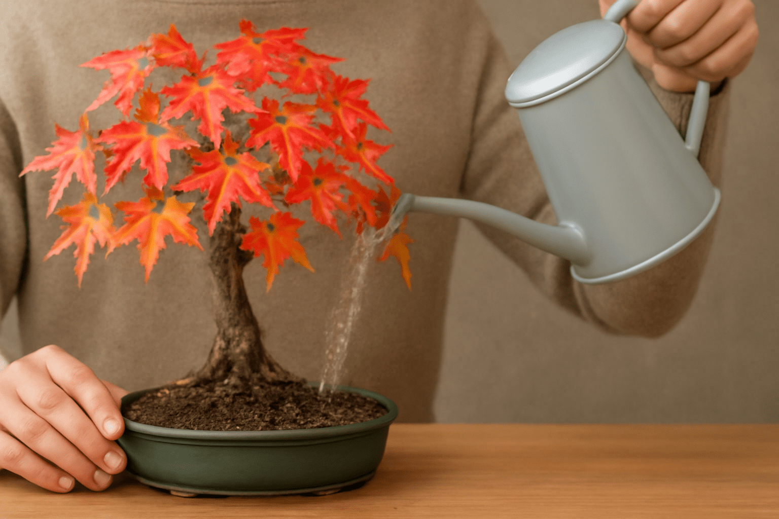 Person watering American Sweetgum Bonsai with a fine-spouted watering can for even soil moisture.