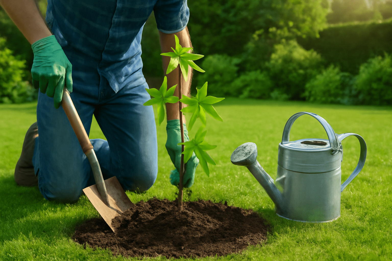 Gardener planting a sweetgum sapling in the ground with a shovel, ensuring proper placement in the soil.