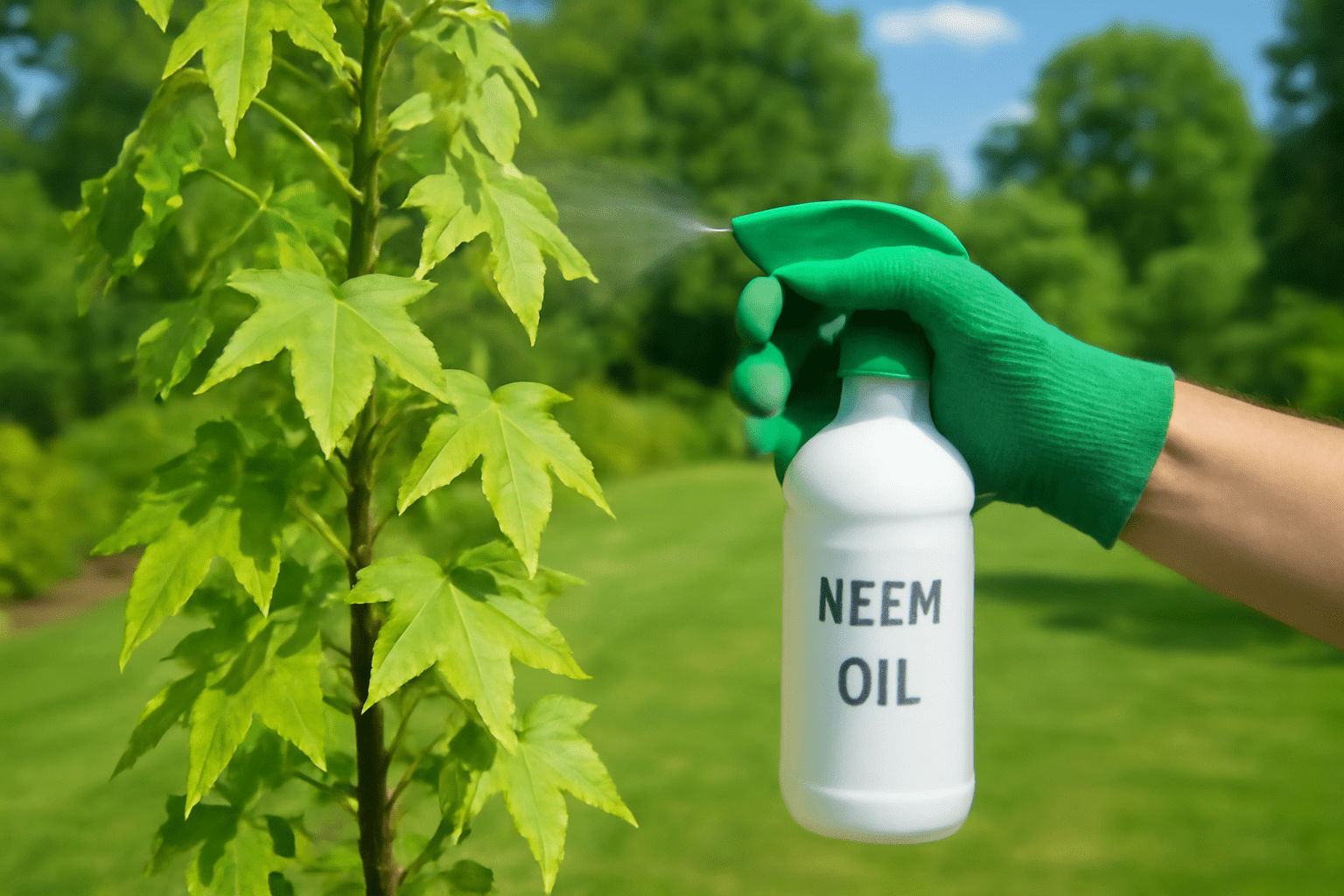 "Gardener spraying neem oil on Slender Silhouette Sweetgum tree for pest control."