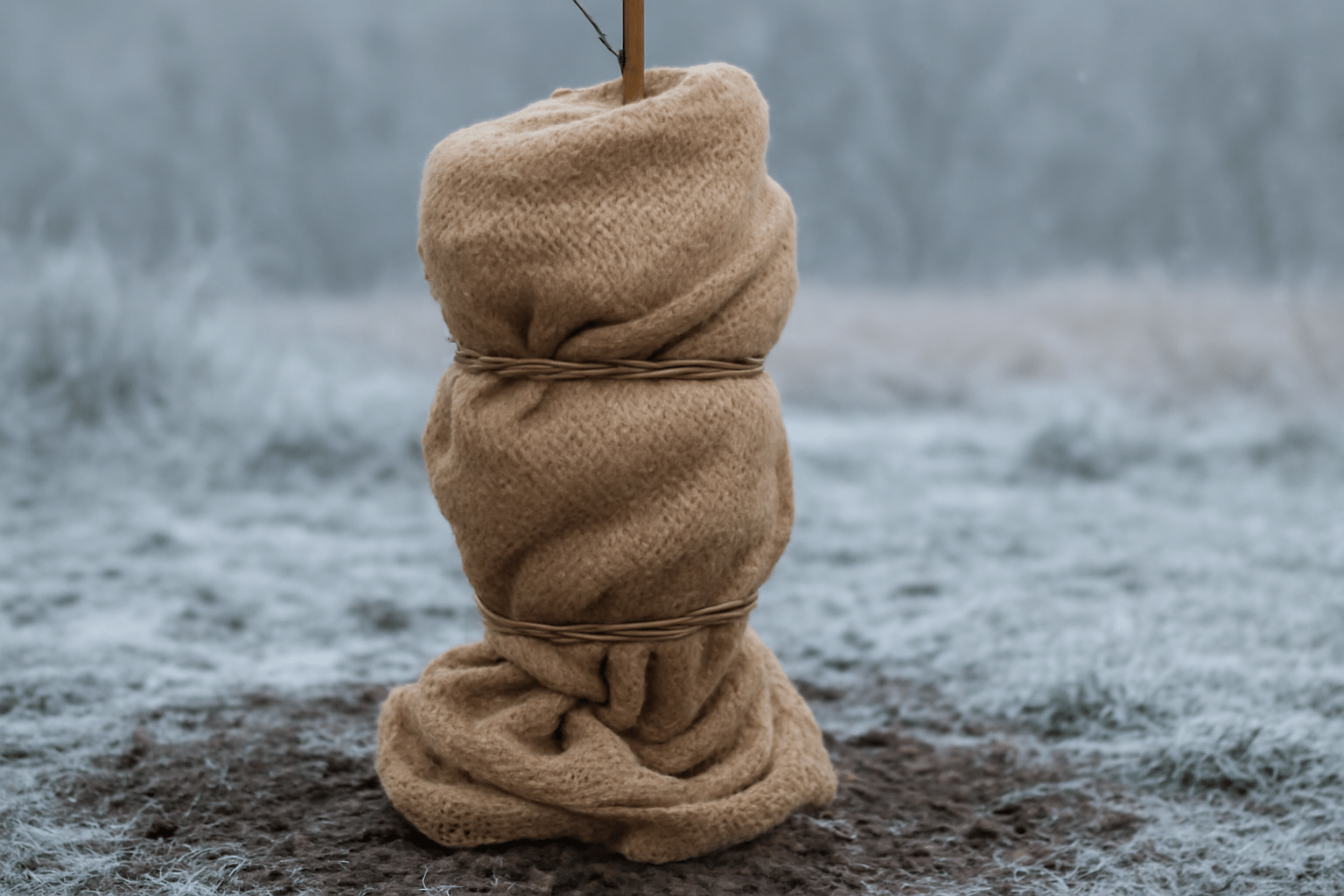 "Young Chinese Sweetgum tree wrapped in burlap for frost protection during cold weather."