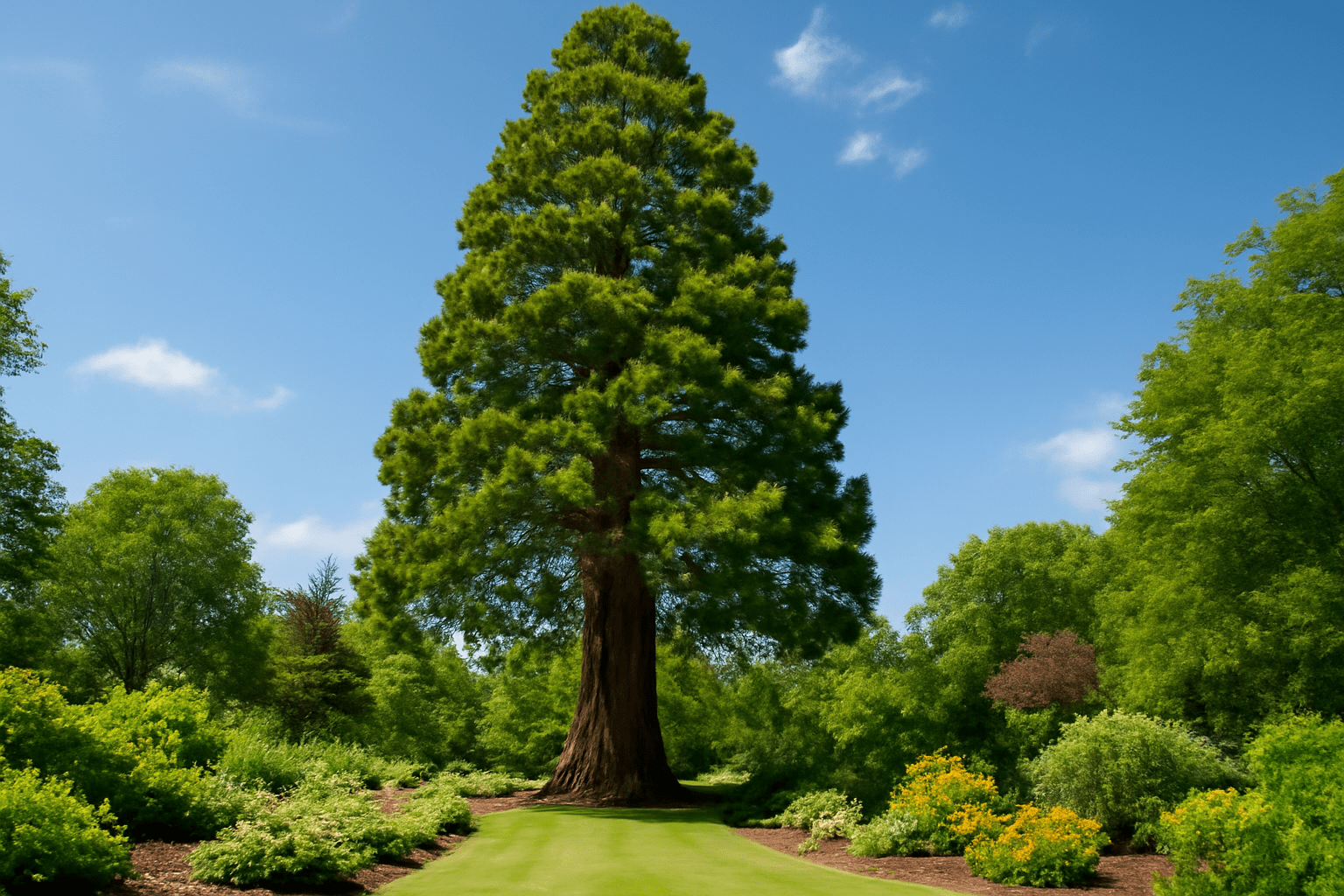 A majestic sequoia tree stands tall in a lush garden, surrounded by vibrant green foliage and colorful flowers under a clear blue sky.