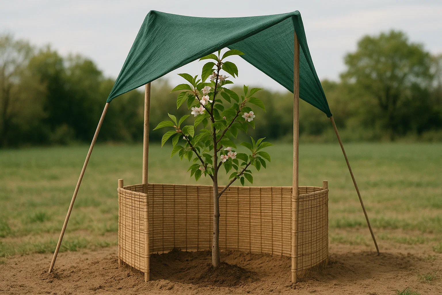 A young flowering tree is sheltered by a green fabric canopy and a low wicker fence, standing in a field with grass and trees in the background.