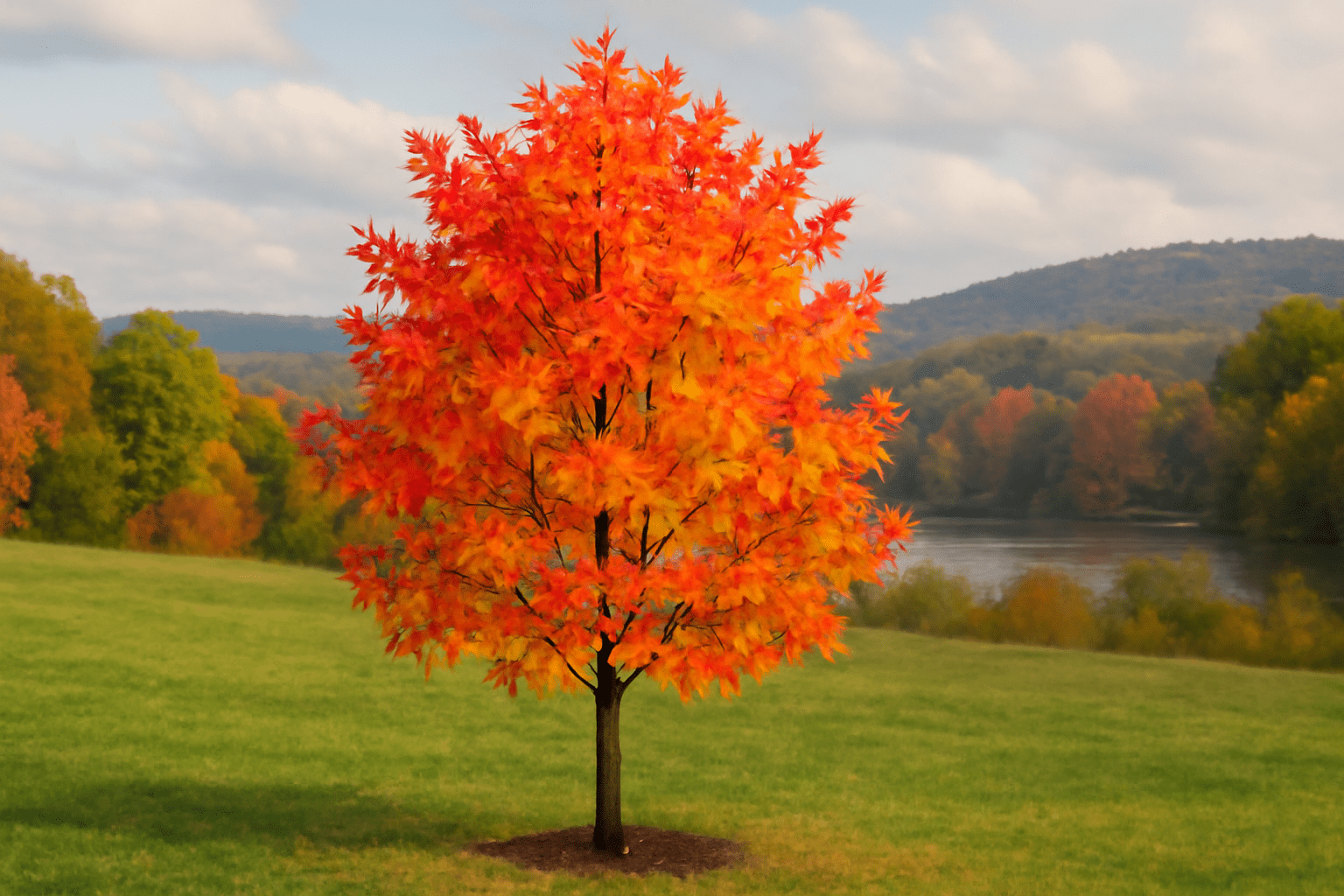 "Cherokee Sweetgum Tree with vibrant red, orange, and yellow fall foliage in a scenic landscape."