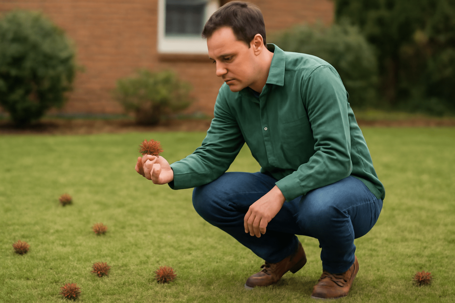"Gardener inspecting and removing sweetgum pods from the lawn."