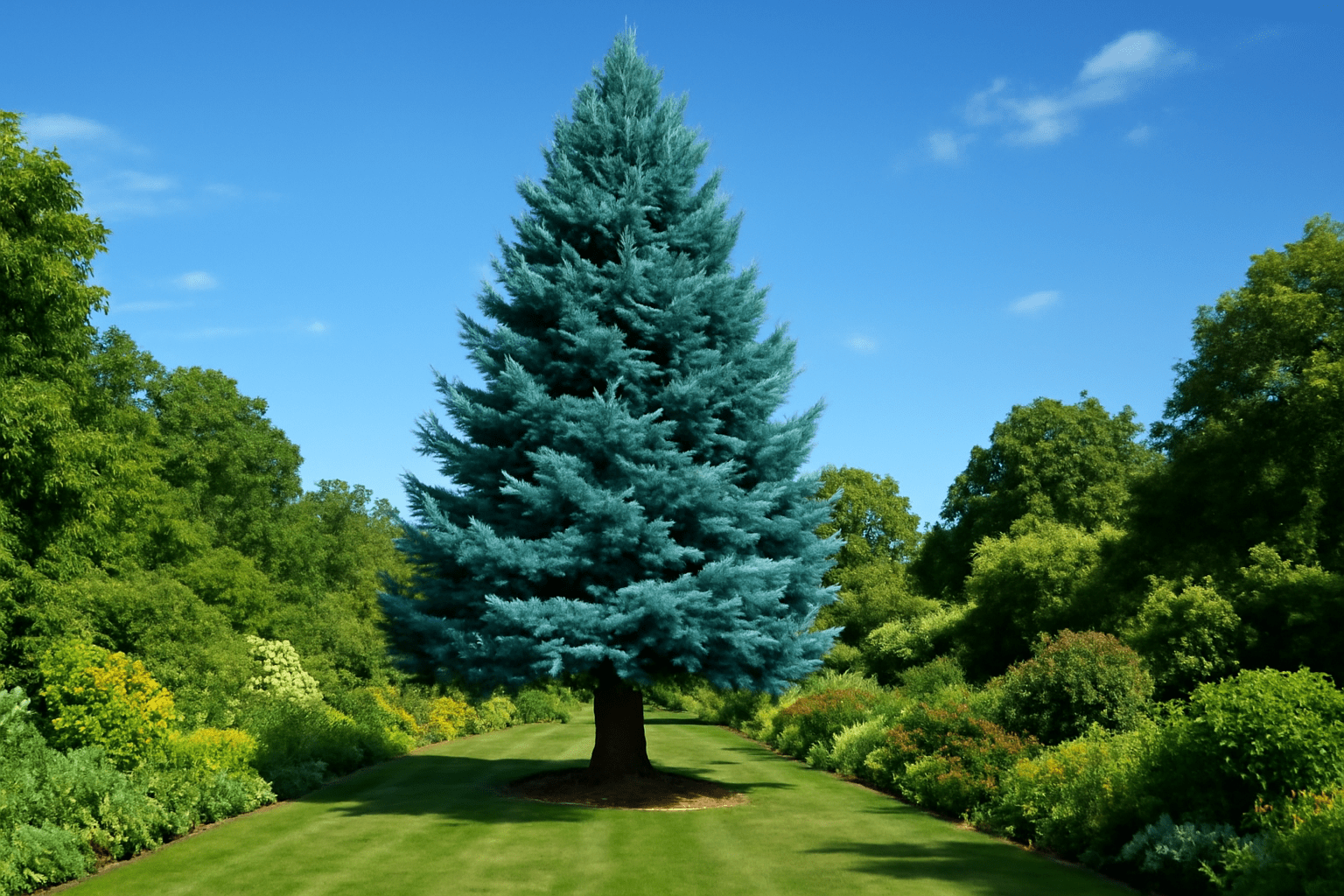 A vibrant blue spruce tree stands tall in the center of a lush garden, surrounded by neatly trimmed greenery. The sky is clear, conveying a serene atmosphere.