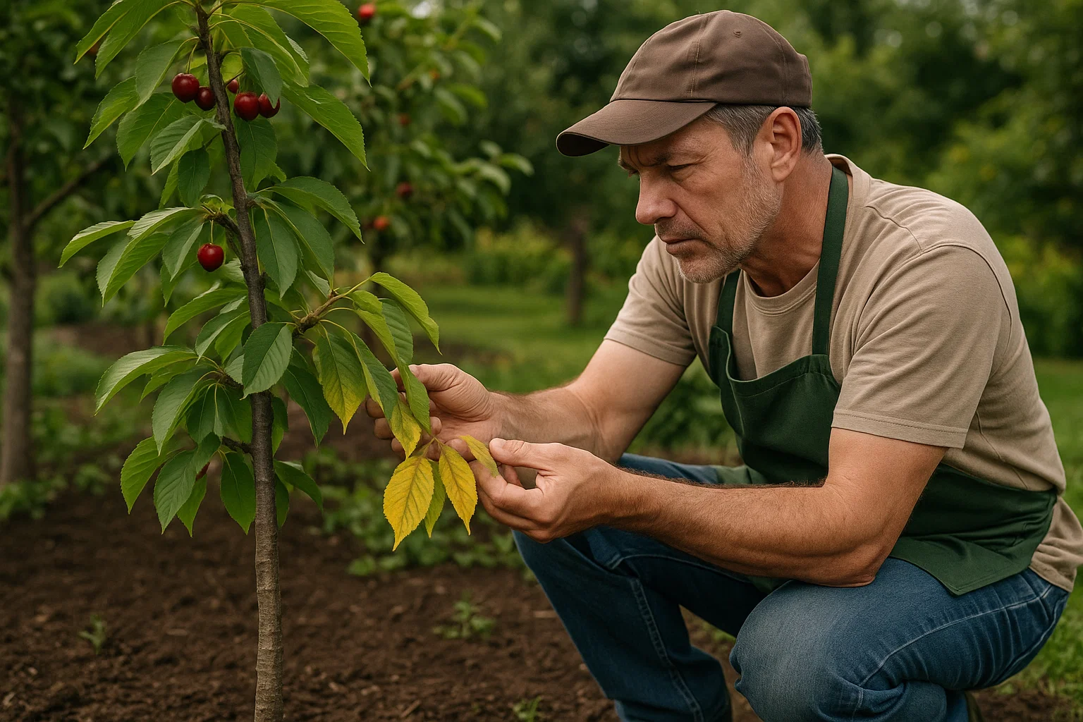 A gardener inspects cherry tree leaves, focusing on vibrant green and yellow foliage, surrounded by lush greenery.