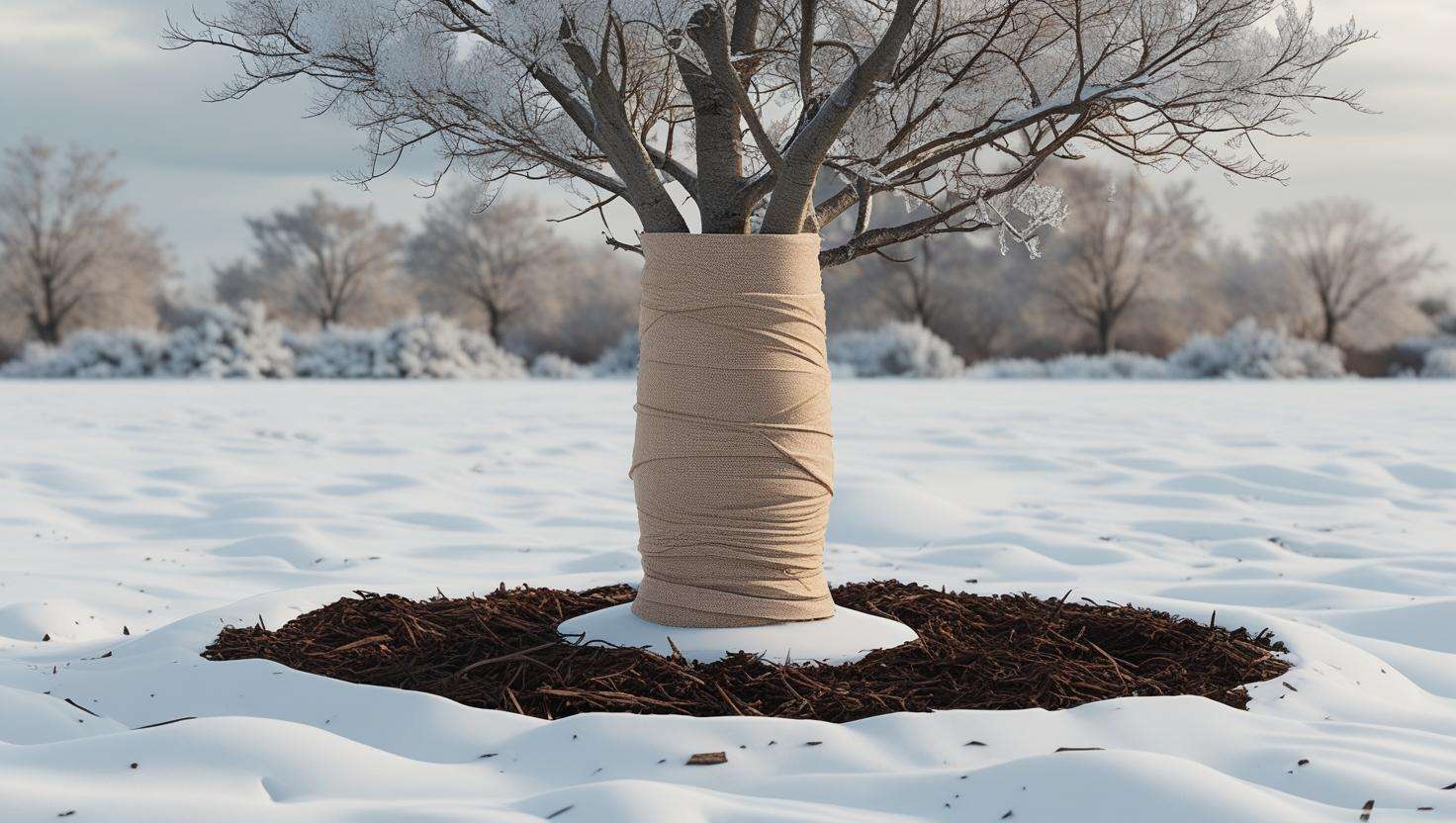 "Young Ash Arizona tree wrapped in tree wrap for winter protection with snow in the background."
