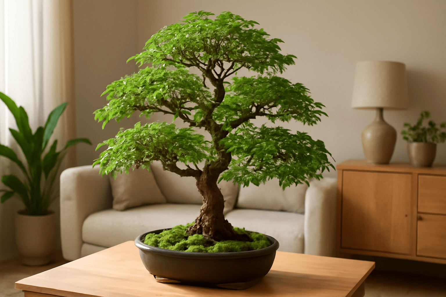 A small bonsai tree in a decorative pot sits on a wooden table, showcasing its intricate branches and leaves.