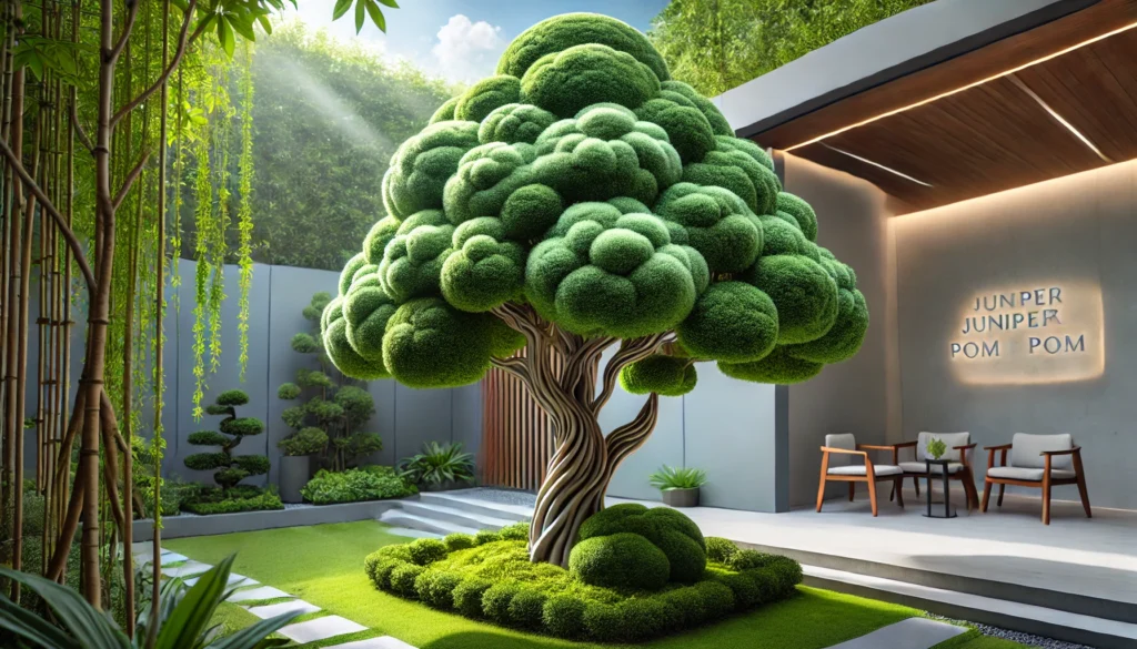 A lush, spherical juniper tree stands in a modern courtyard, surrounded by manicured greenery and elegant seating. Sunlight filters through the leaves.