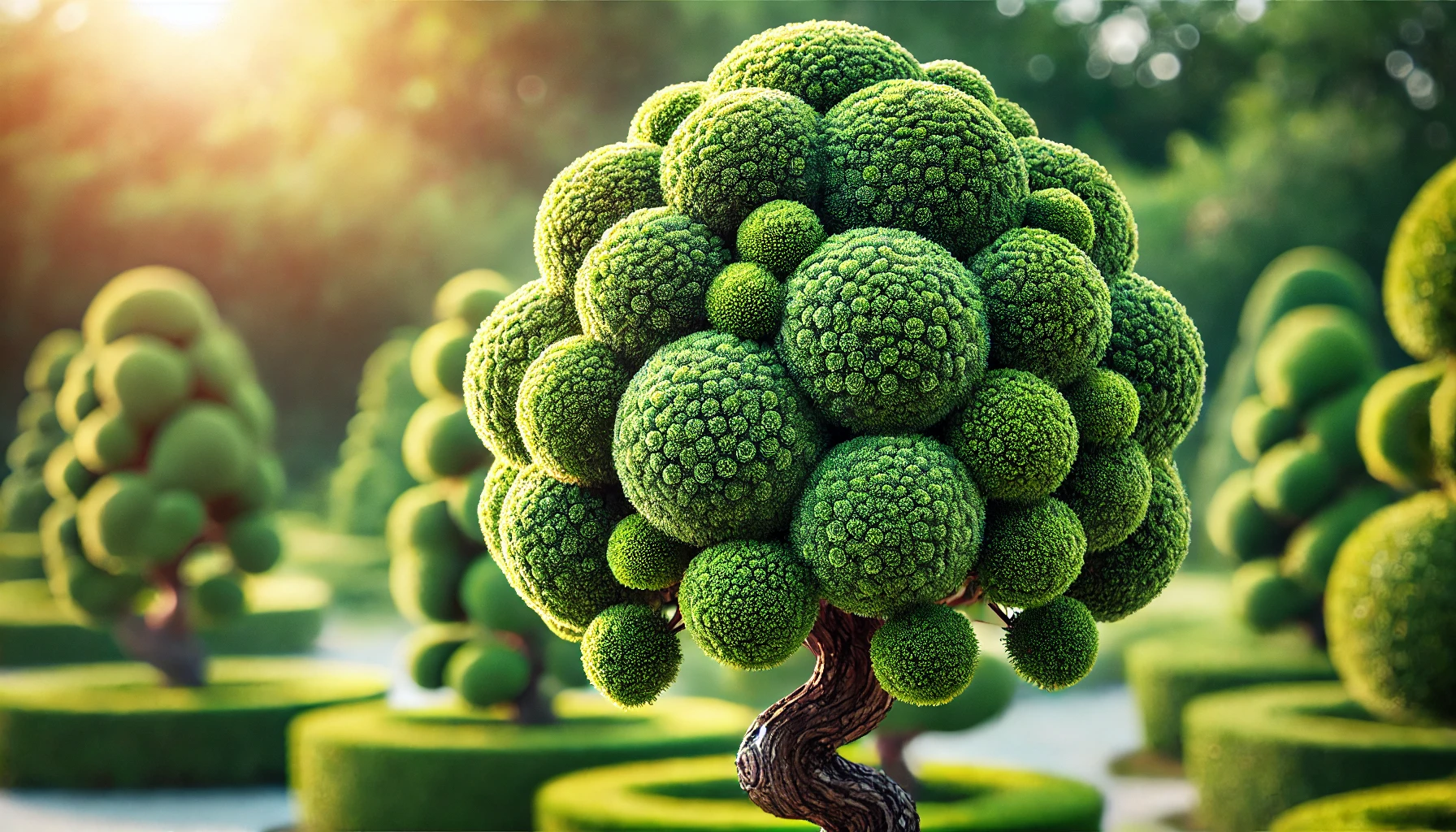 A whimsical tree with a twisting trunk, adorned with round, bushy green shapes, set in a lush garden background.