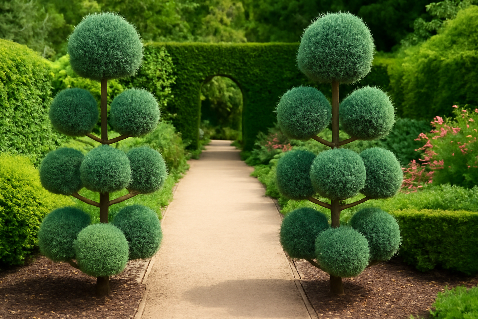 Lush garden path flanked by spherical topiary trees, leading to an arched green hedge, surrounded by vibrant greenery and pink flowers.