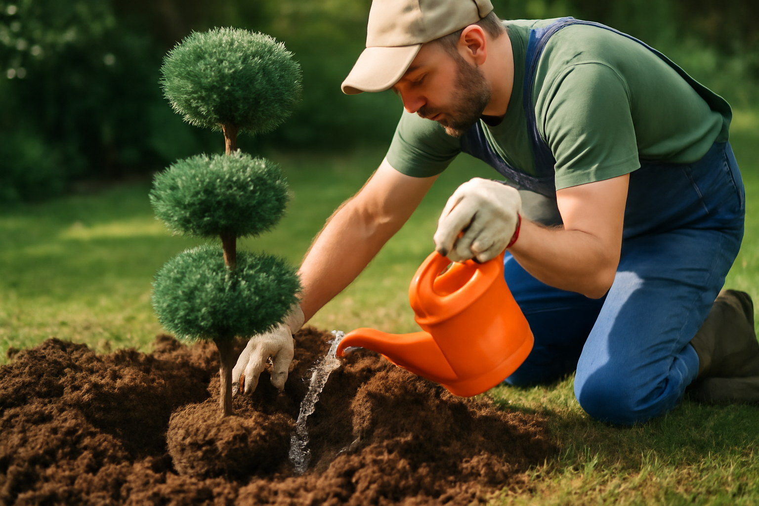 A gardener, wearing gloves, waters a newly planted topiary tree in rich brown soil, surrounded by lush green grass.