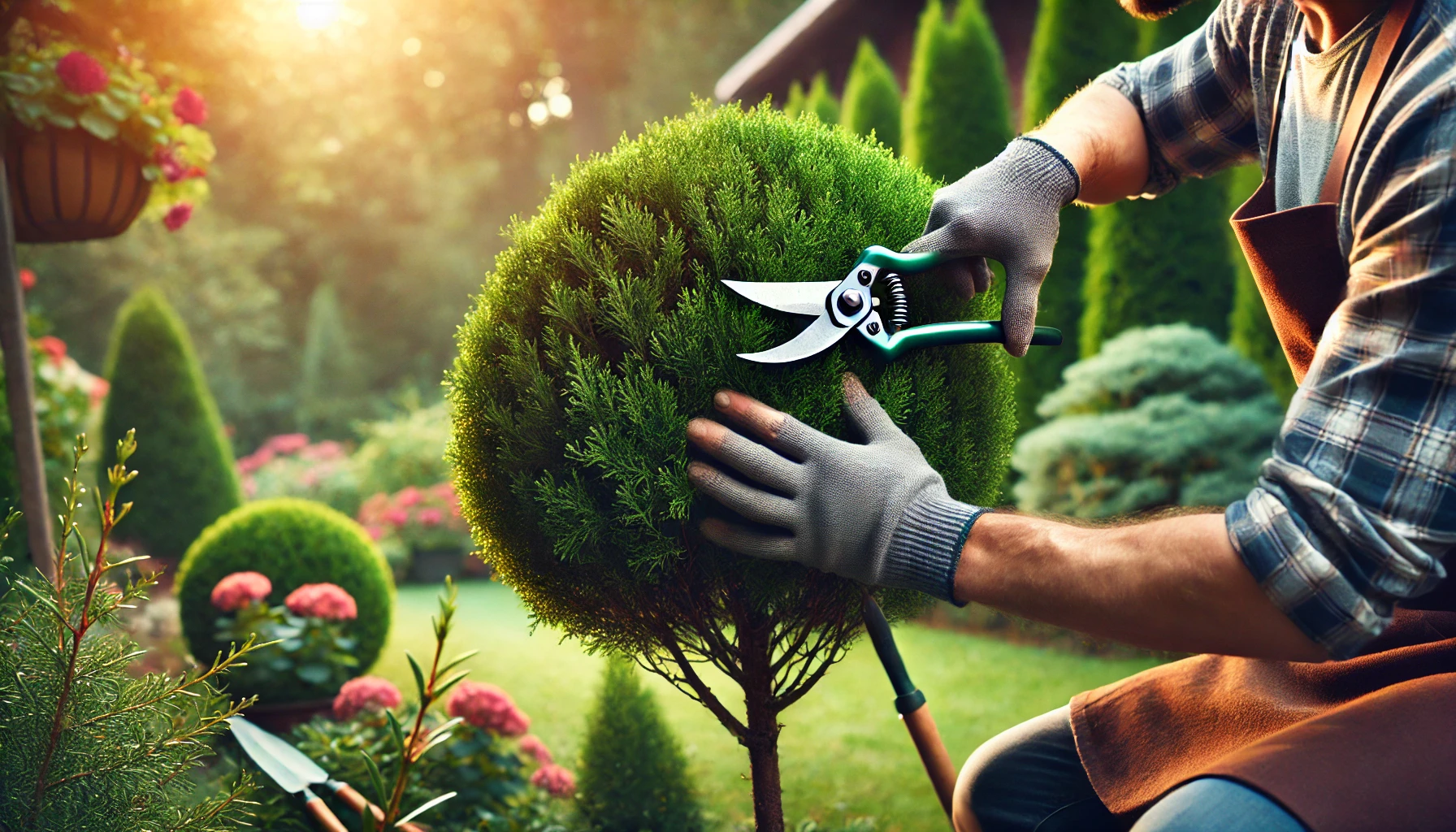 A gardener trims a round shrub with shears, surrounded by lush greenery and blooming flowers in a sunlit garden.