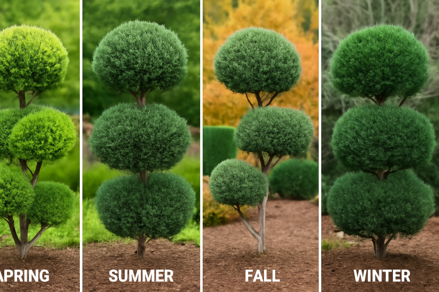 Four seasons of a stylized tree: Spring's light green, Summer's dark green, Fall's golden hues, and Winter's bare branches.