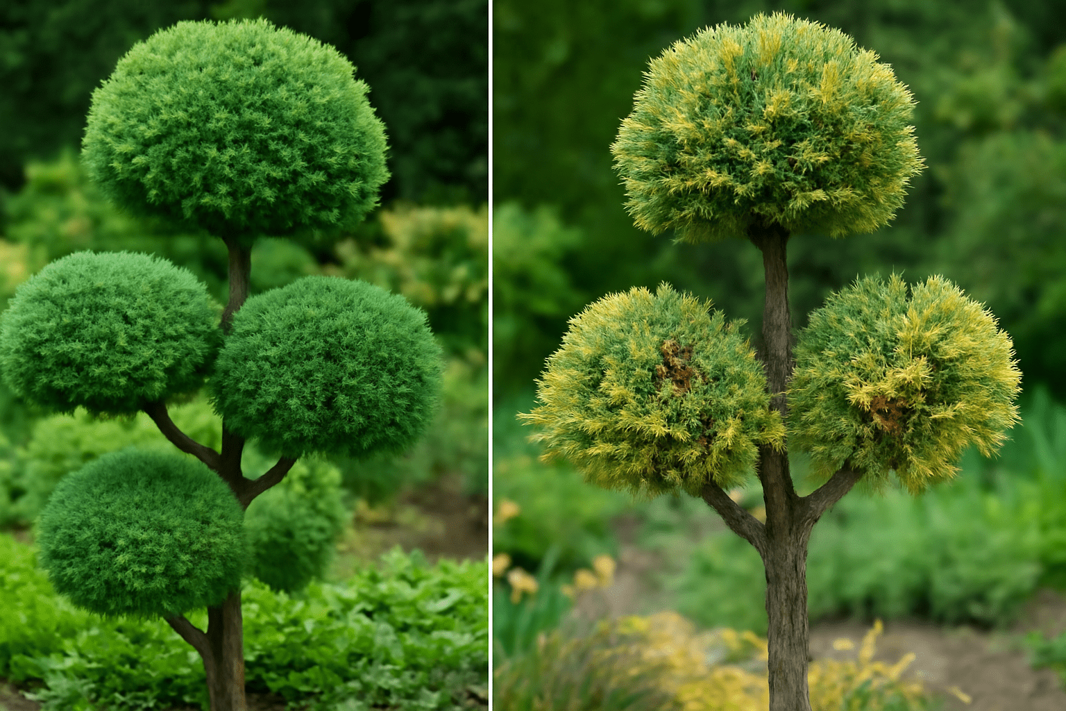 A tree with round green tops standing in a garden, surrounded by grass and other plants.