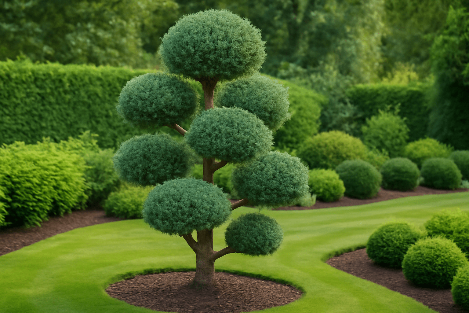 A tall tree with lush green leaves stands in a well-maintained garden, surrounded by neatly trimmed hedges and colorful shrubs, with a grassy area nearby.