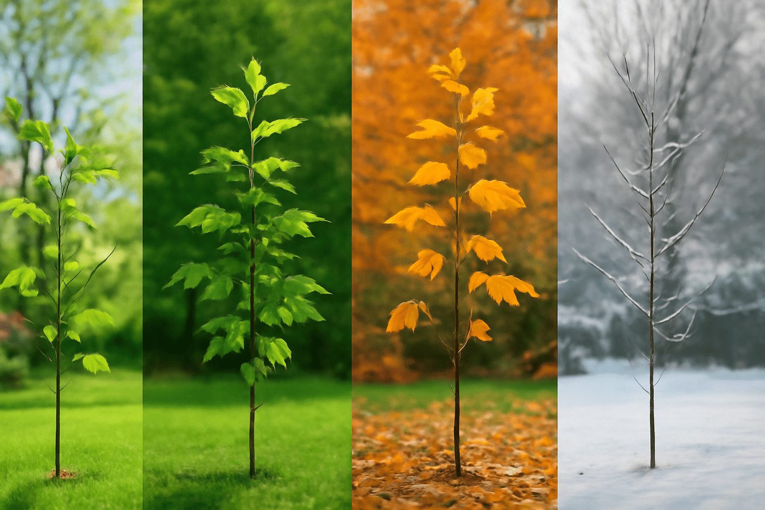 A visual representation of the four seasons through trees: lush green, autumn hues, winter bare, and summer greenery.
