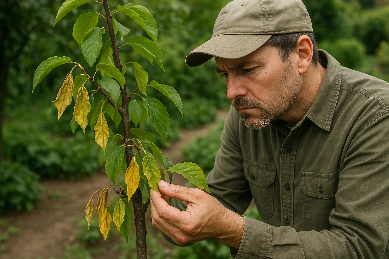A man wearing a hat is touching a tree in a forest setting.