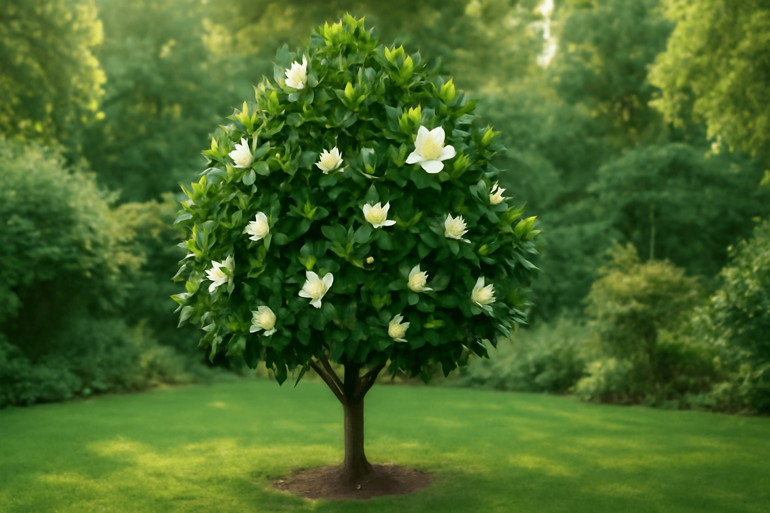 "Fully grown Teddy Bear Magnolia Tree in full bloom with creamy-white flowers in a peaceful garden setting."
