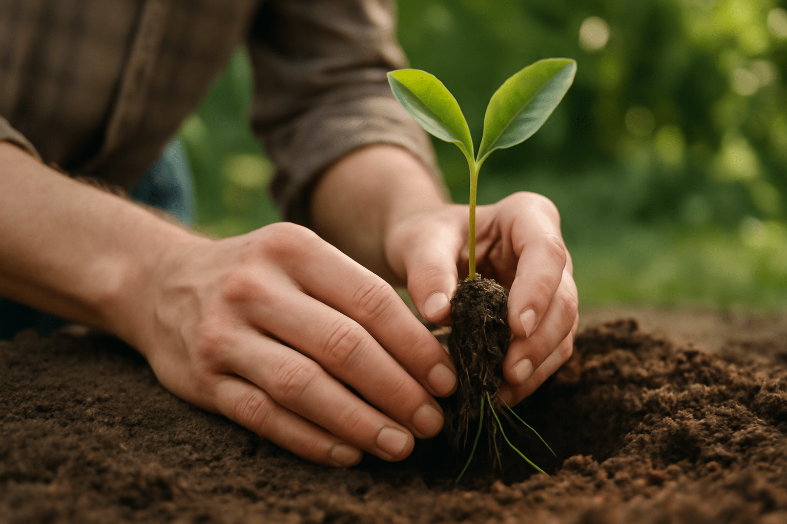 "Transplanting a young magnolia seedling into the garden or larger pot, ensuring proper root care and positioning."