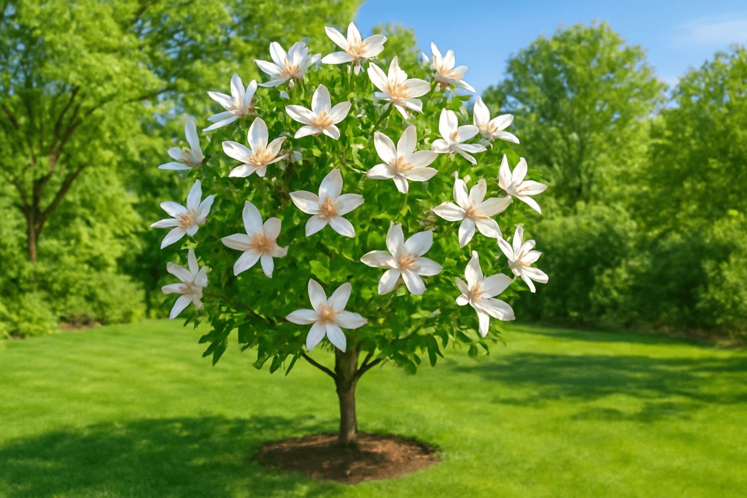 "Butterfly magnolia tree in full bloom in a vibrant spring garden."