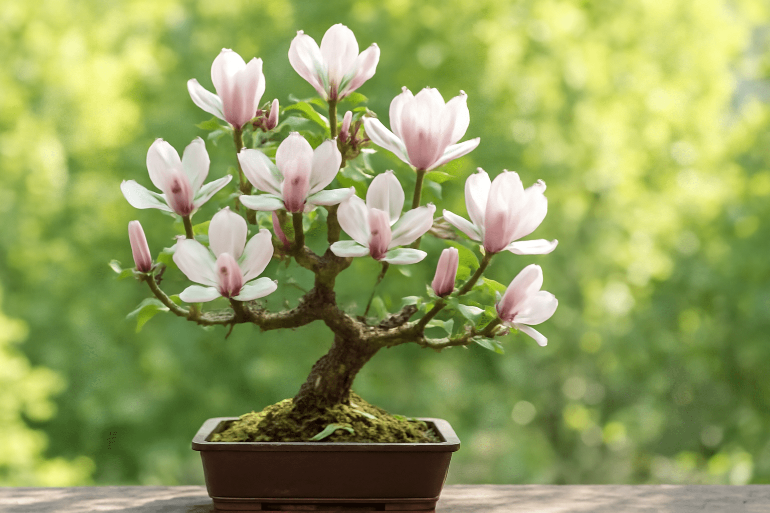 "Magnolia Bonsai Tree in full bloom with pink and white flowers in a sunlit environment."