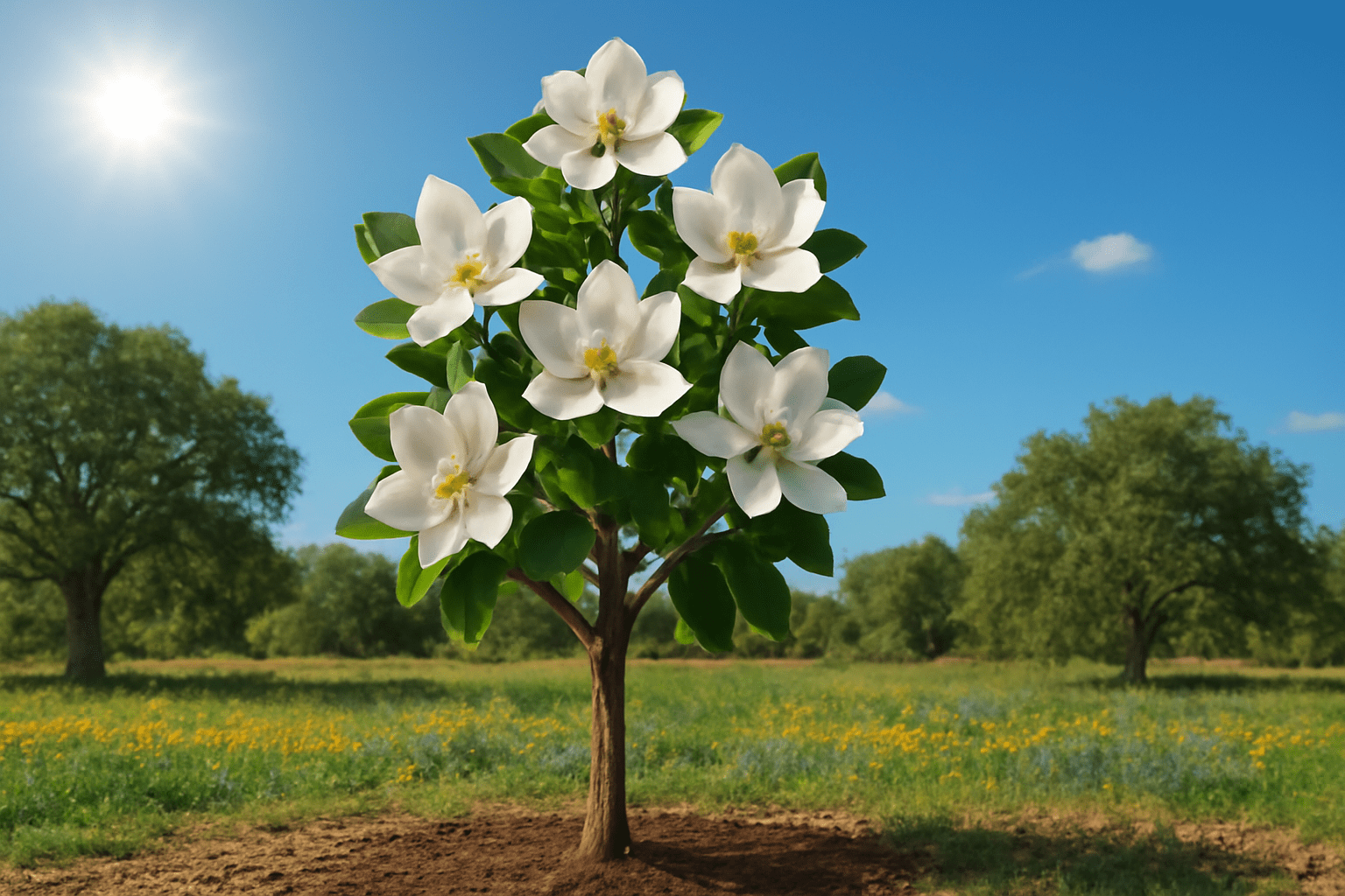"Thriving Magnolia tree in full bloom in a Texas garden, symbolizing successful tree care and growth."
