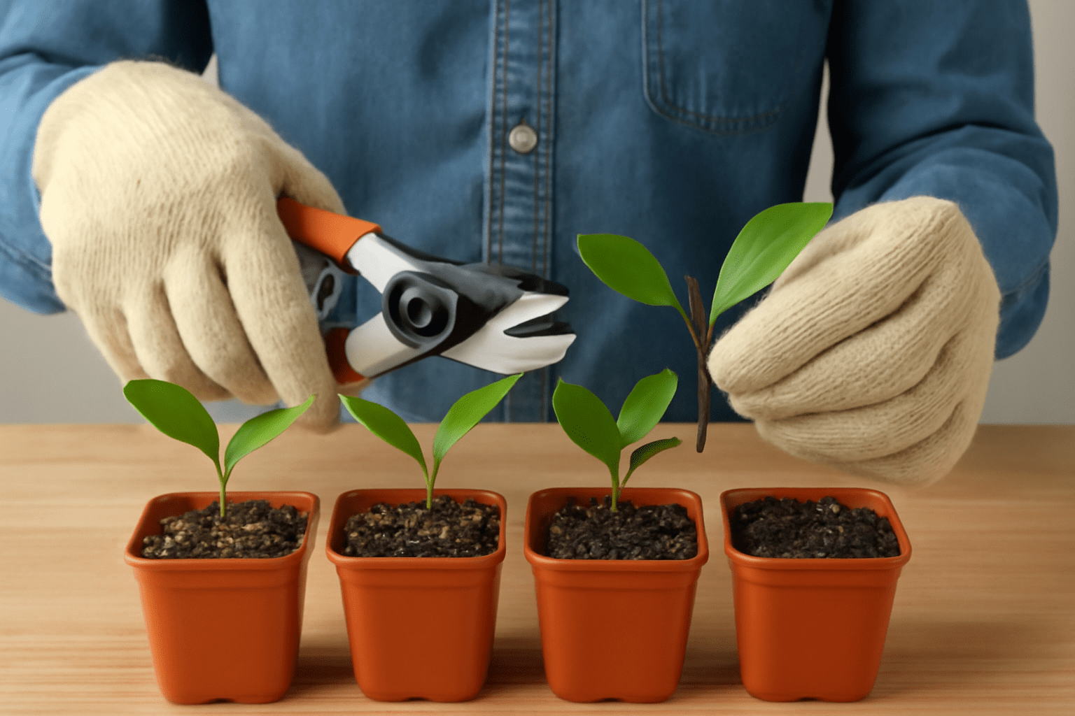 "Gardener pruning magnolia seedlings by removing dead or damaged branches"