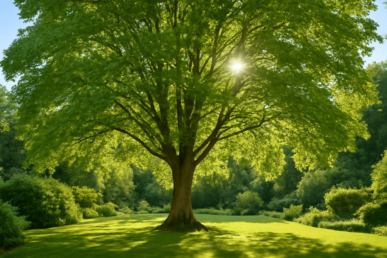 A large tree with lush green leaves stands in the center of a sunlit, verdant field. Sunlight filters through the leaves, creating a serene, peaceful ambiance.